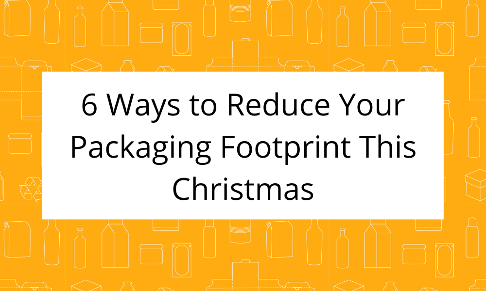 Orange background with the outline of different packaging options in white. White box in the middle of the image with the text 6 Ways to Reduce Your Packaging Footprint This Christmas in black font.