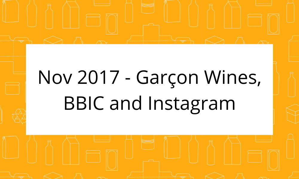 Orange background with the outline of different packaging options in white. White box in the middle of the image with the text Nov 2017 - Garçon Wines, BBIC and Instagram in black font.