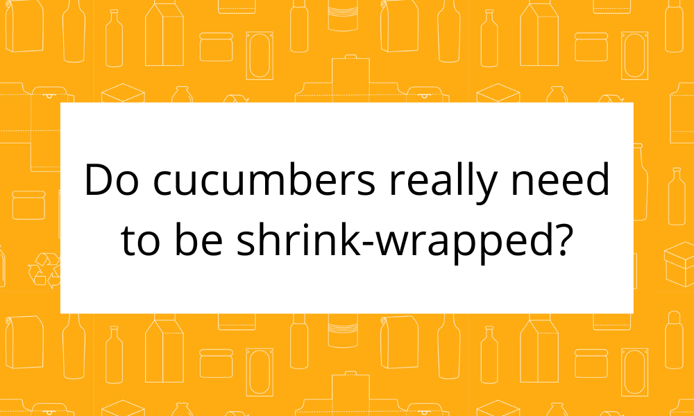 Orange background with the outline of different packaging options in white. White box in the middle of the image with the text Do cucumbers really need to be shrink-wrapped? in black font.