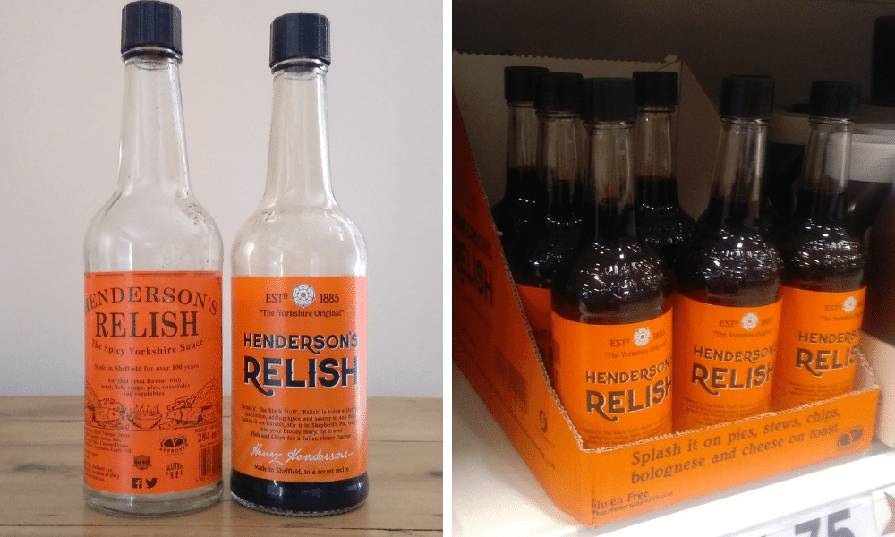 Split image. On the left are 2 bottles of Henderson's relish, both clear glass bottles with orange labels. The bottle on the right has some brown relish in the bottom and has the most recent label design. On the right is a box of Henderson's relish bottles on a supermarket shelf.