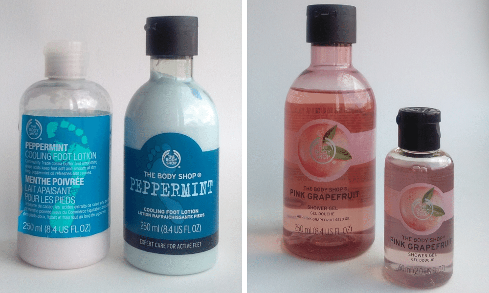 Split graphic. One half has an image of The Body Shop's peppermint cooling foot lotion. There are 2 clear plastic bottles with blue labels and the lotion is tinted blue too. On the right of the image are 2 bottles of The Body Shop's pink grapefruit shower gel. Both bottles are clear with the content tinted pink. Both bottles have black lids.