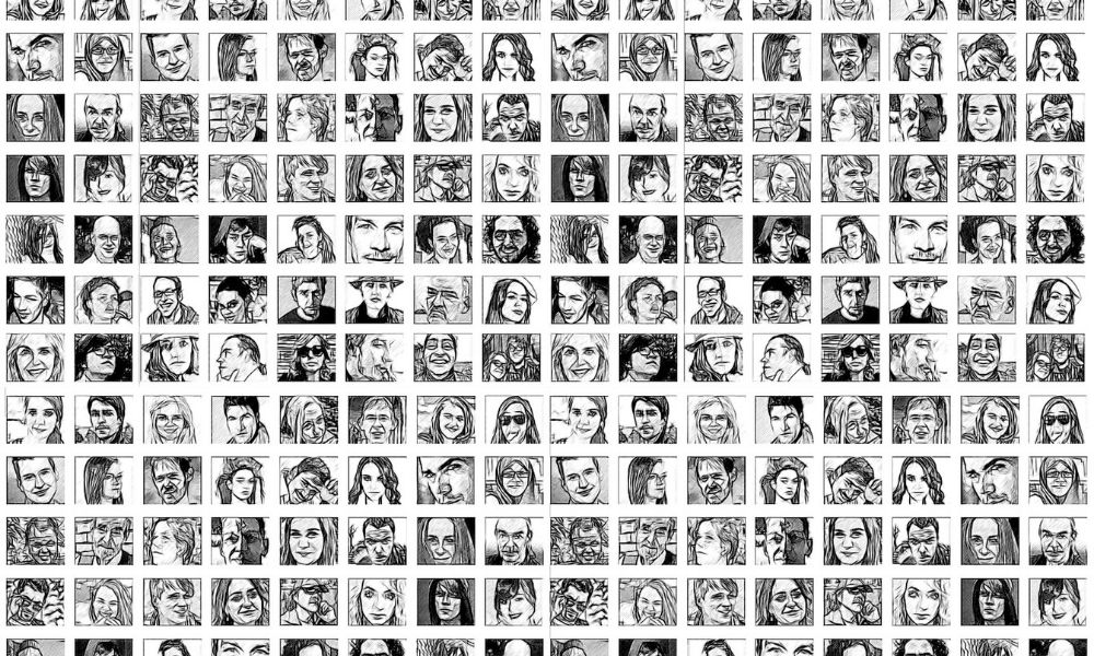 White background tiled with smaller black and white images of faces.