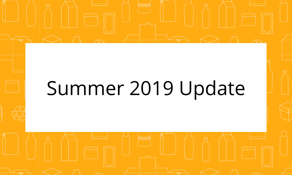 Orange background with the outline of different packaging options in white. White box in the middle of the image with the text Summer 2019 Update in black font.