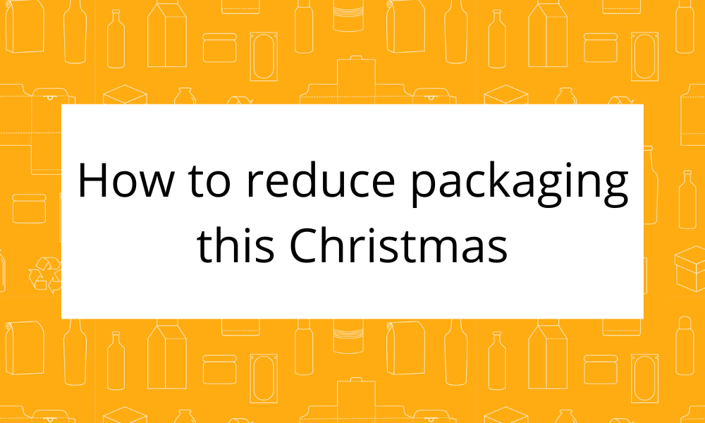 Orange background with the outline of different packaging options in white. White box in the middle of the image with the text How to reduce packaging this Christmas in black font.